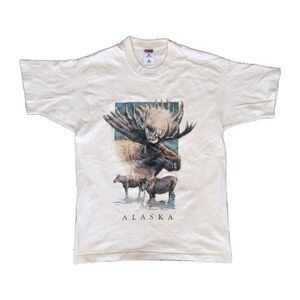Vtg‎ 90s Alaska Shirt L Moose Fruit Of The Loom Single Stitch Spellout Travel